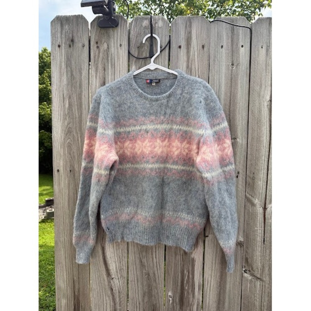 Nordic Fair Isle Pure Wool Landau Sweater M Blue Pink Icelandic Knit with Flaws